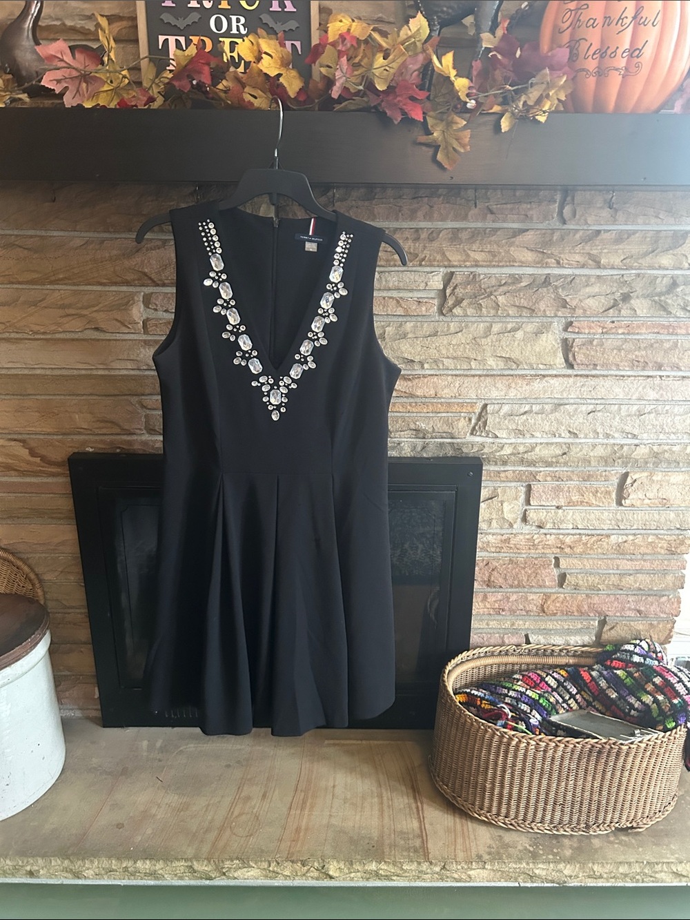 Tommy Hilfiger Black Sleeveless Midi Dress with Jeweled V-Neck